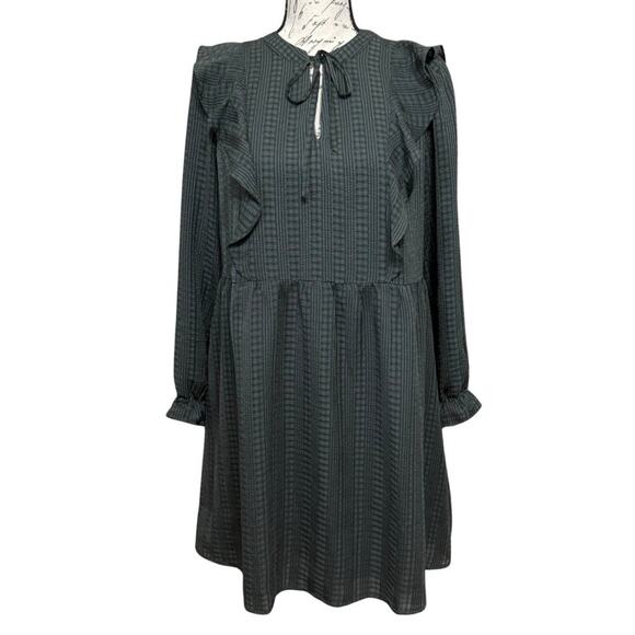 LOFT Petites Ruffle Peasant Shift Dress Size MP Olive Green Textured Lined NEW - Picture 1 of 10
